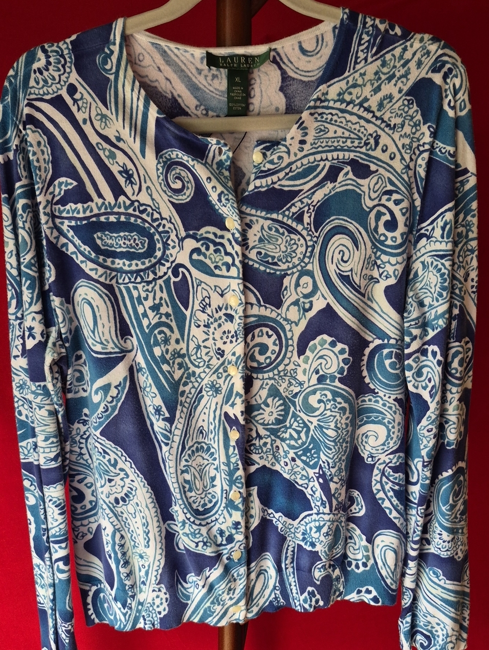 Lauren Ralph Lauren Navy and Light Blue Paisley Button Cardigan